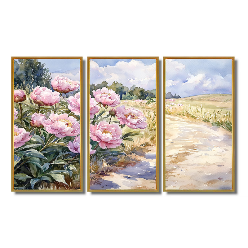 Pivoines le long de l'allée de la ferme I - Art mural pivoines - ensemble de 3, H 32 po x l 48 po, Doré