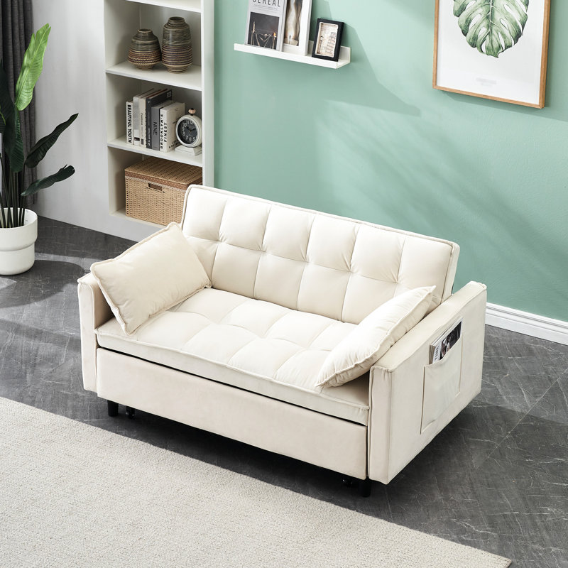 Lit convertible 3 en 1 en velours beige avec dossier et oreiller, largeur 33, profondeur 55, hauteur 32,33, style moderne et convertible.