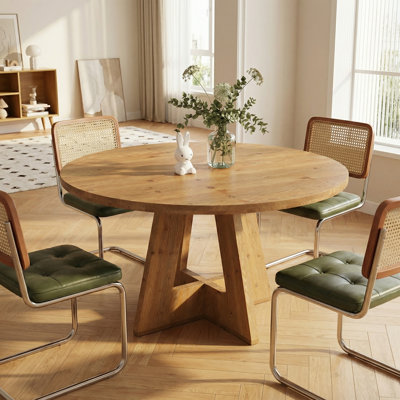 47.24" Solid Wood Round Dining Table for 4–6 People, Farmhouse Kitchen Table with Cross-Braced Pedestal Base