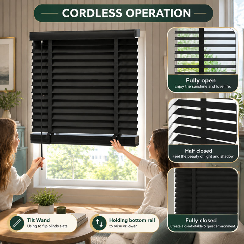 Store vénitien/volet horizontal sans fil en bois massif noir de 21,5 po L x 36 po H, fabriqué en véritable bois de tilleul, avec des lamelles de 2 po, une occultation totale et une installation facile pour les fenêtres intérieures.