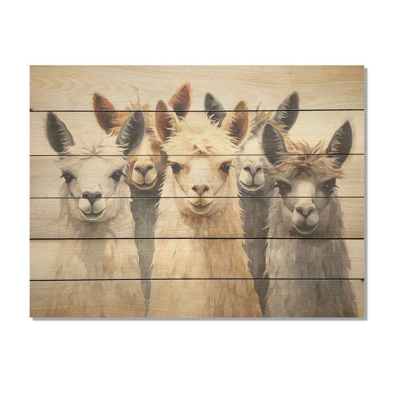 «Beige et gris» Minimalisme Curieux Alpacas Collage - Alpacas, art mural sur bois de pin naturel, H 10 po x l 20 po