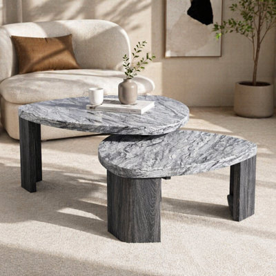 Granite Grey Triangle Faux Marble Coffee Table Set of 2, Modern Living Room Sofa Side Nesting Table Set