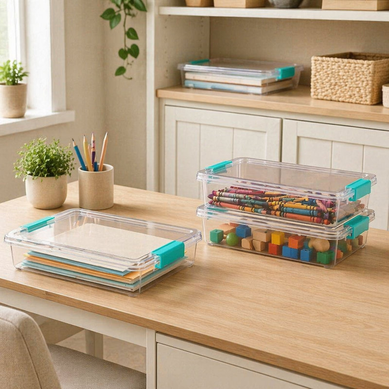 Ensemble de 4 bacs de rangement en plastique transparent de 6 pte avec couvercles, contenants de rangement sensoriels et artisanaux empilables pour la maison, le bureau et les fournitures scolaires