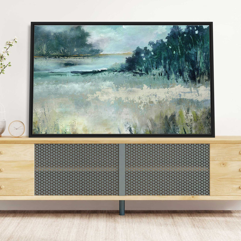 Calm River Valley par Carol Robinson - Peinture, L 43,5 po x H 27,5 po, Encadrement argenté
