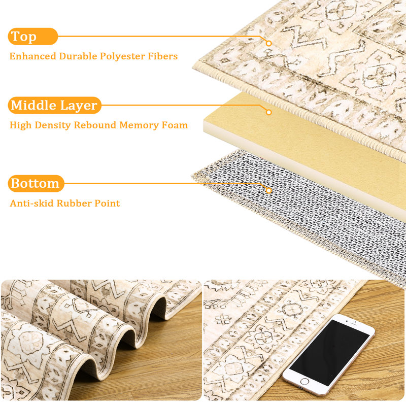 Soft Washable Non-Slip Area Rug – Low Pile Carpet for Living Room, Bedroom, Dining Room, Home Office – Vintage Boho North African Geometric – Beige – 9x12ft (274x366cm) USA