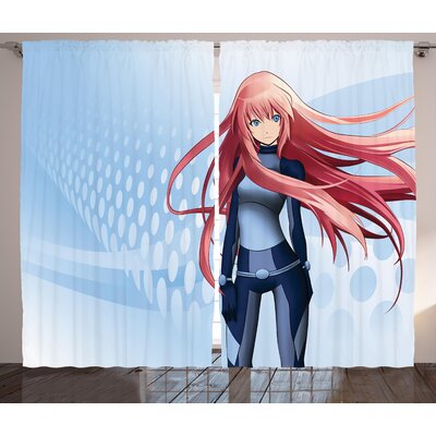 Anime Futuristic Manga Girl Science Fiction Doodle Effect Japanese Style Digital Art Print Graphic Print & Text Semi-Sheer Rod Pocket Curtain Panels -  Ambesonne, p_23811_108x84