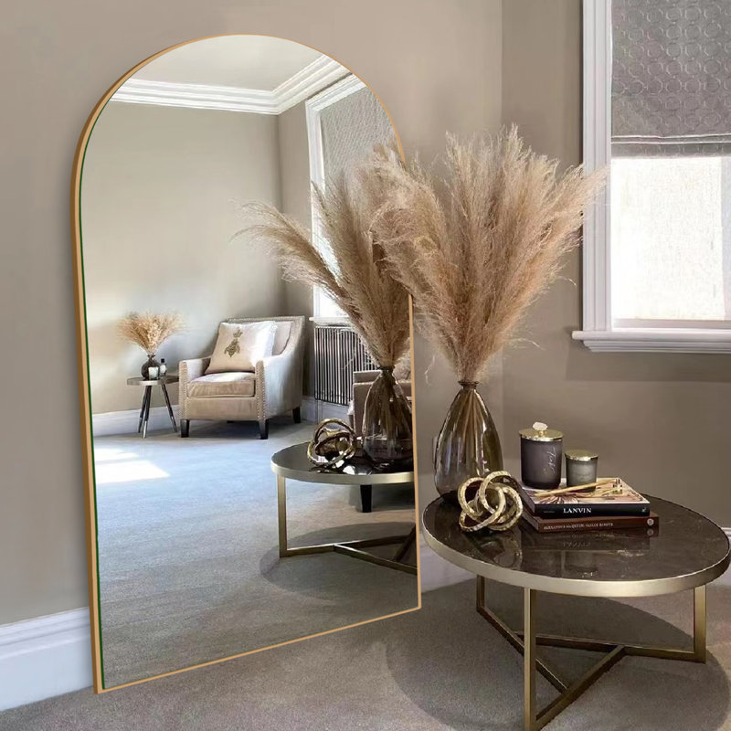 Leeron Oversized Arch Solid Wood Floor Mirror with Stand, Gold, 70.9" x 31.5"