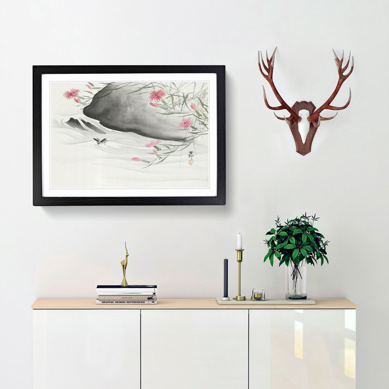 Pink Flowers & Insect by the River by Ohara Koson - Framed Print, 35cm H x 50cm W x 2cm D, Black