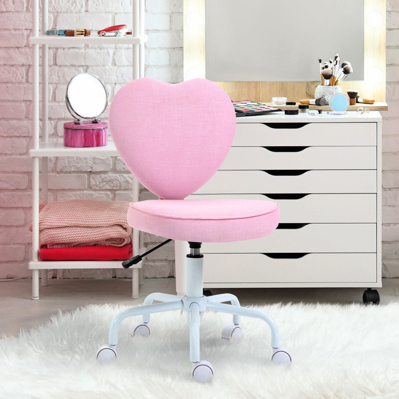 Pink Heart - Shaped Vanity And Dorm Adjustable Chair, Comfortable Linen, Soft Foam, 360 Degree Swivel, 34.03" H