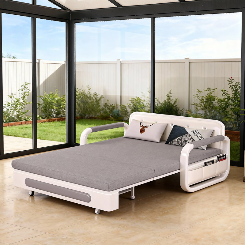 Modern Convertible Sofa Bed, Features Storage & Latex Mattress, Grey Upholstery with White Frame, Space-Efficient for Living Rooms & Studios(1.28M)Fast Dispatch From UK Warehouse — 2 Working Days//Deliver within 3-5 working days.