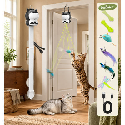 Ce jouet électrique 2 en 1 pour l'intérieur combine une baguette volante automatique oiseau et souris, une alimentation rechargeable par USB et un système de suspension à ventouse pour permettre aux chatons et aux chats adultes de jouer et de faire de l'exercice en toute autonomie.