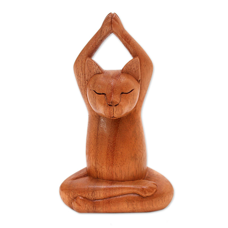 Hand Crafted Yoga Cat Wood Sculpture 