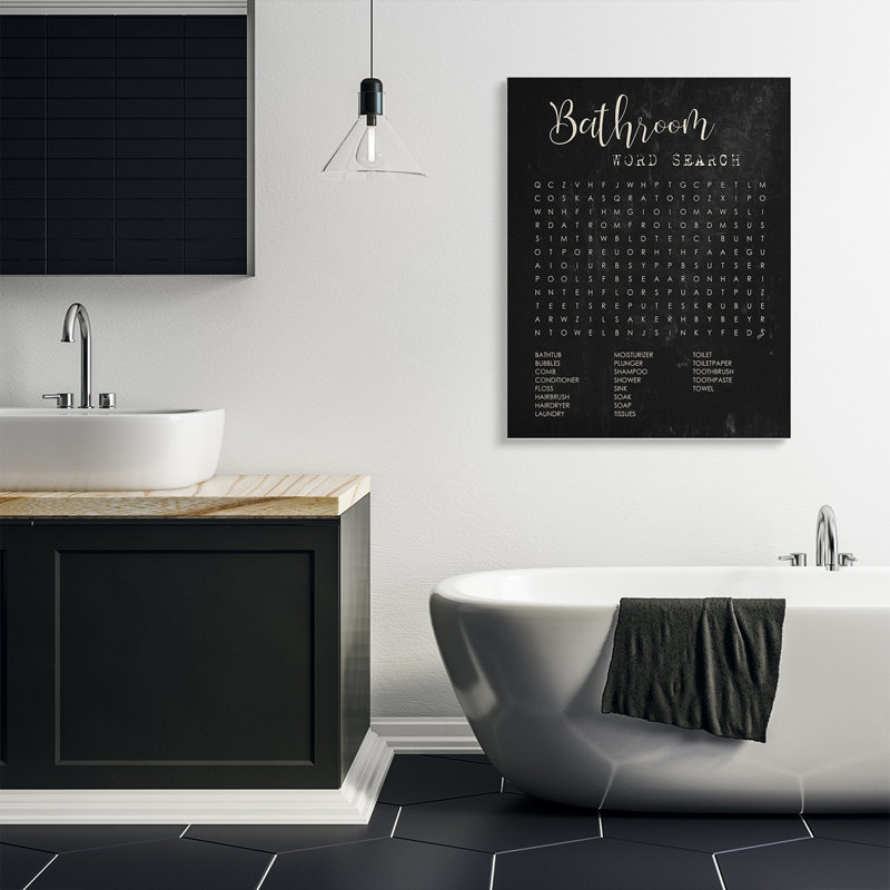 Salle de bain, recherche de mots sur fond noir vieilli, H 48 po x l 36 po, Toile tendue