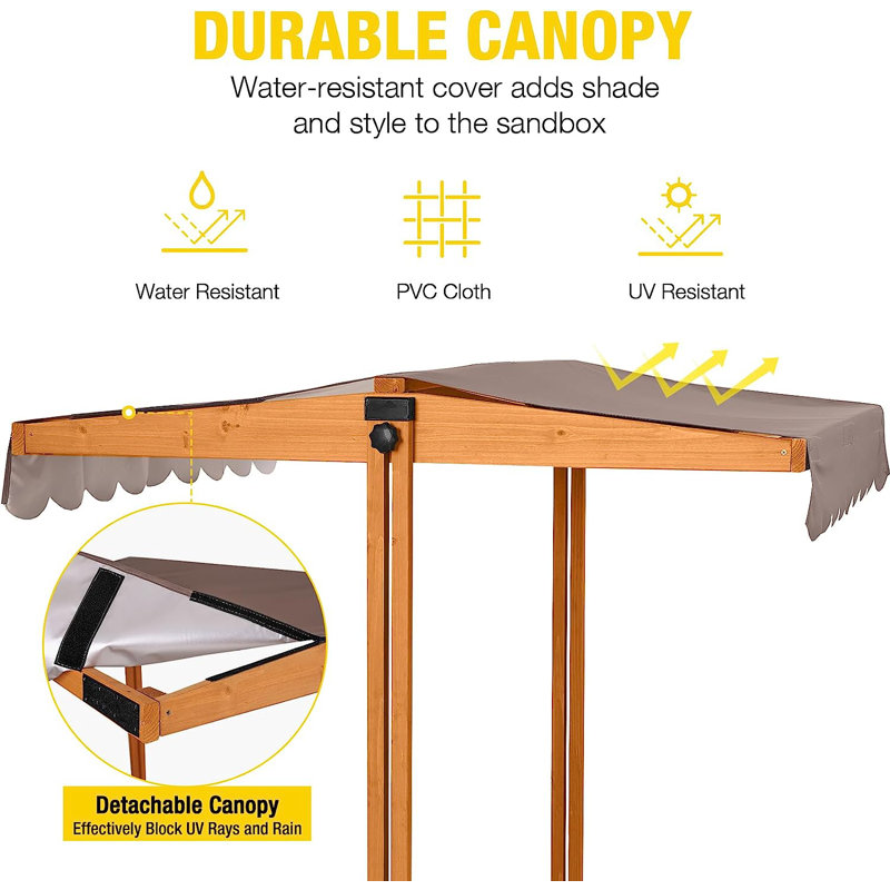Large Wooden Sandbox with Adjustable Canopy and Toy Bin Storage