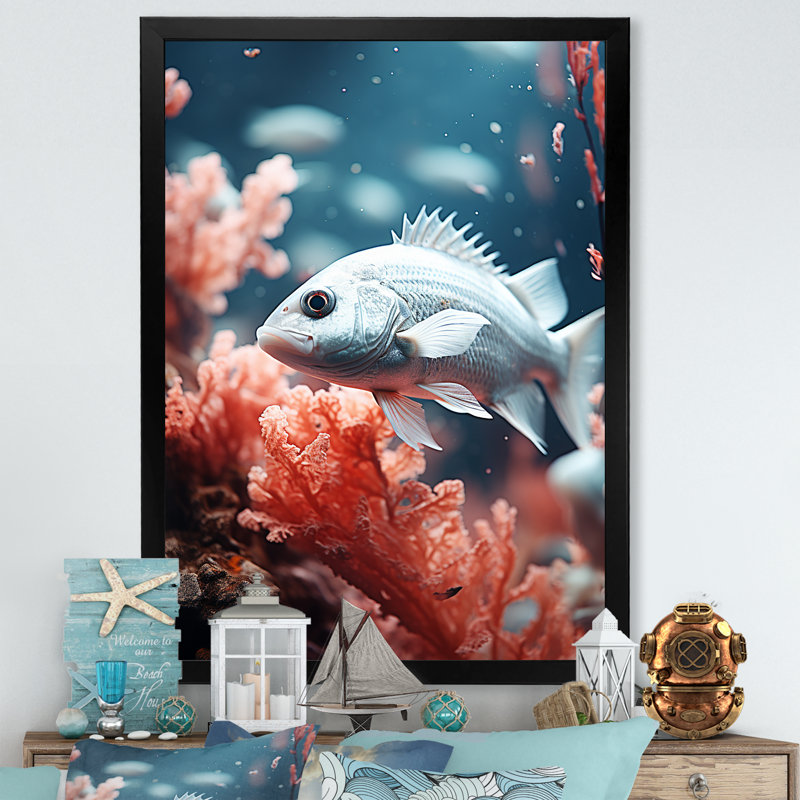 Danse de poissons monochrome bleue et grise, H 44 po x l 34 po x P 1,5 po, Cadre simple noir