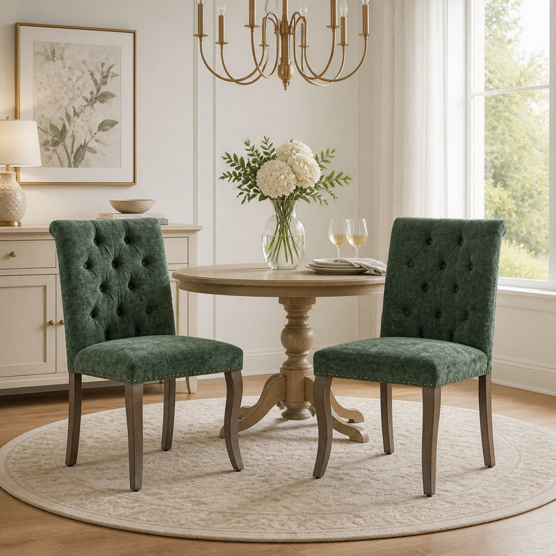 Chaise d'appoint capitonnée en chenille sans accoudoirs avec pieds en bois massif, vert olive (ensemble de 2), Vert olive