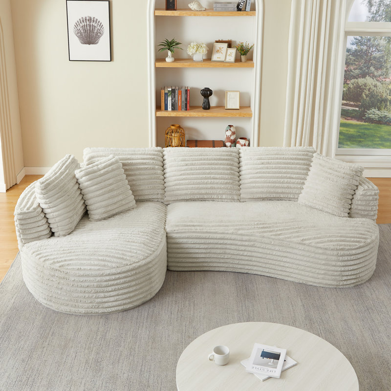 Canapé-lit modulaire en L de luxe à 4 places, tissu en velours côtelé, crème, support en éponge, velours côtelé incurvé pour le salon, sommier à ressorts, réception