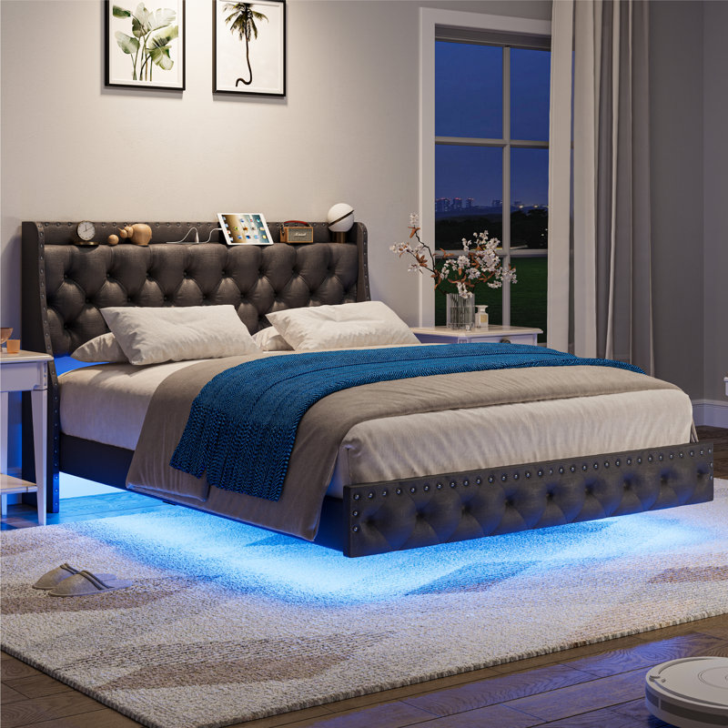 Modern Queen Bed Frame with Headboard, Upholstered Wingback Platform Bed With LED Lights, Charging Port, Fabric Floating Bed With Storage