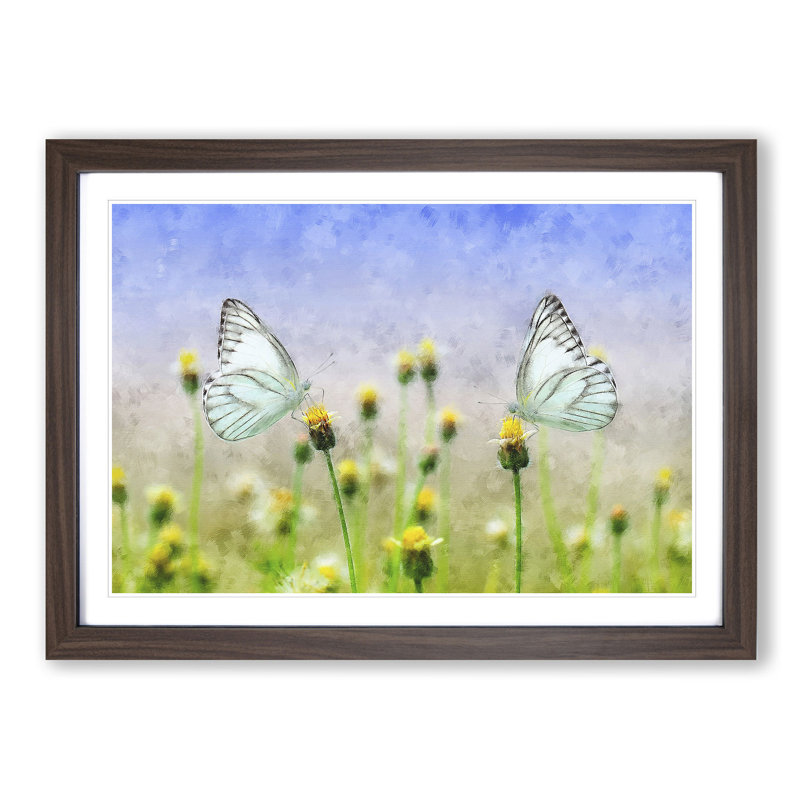 Two Butterflies upon Yellow Flowers - Framed Print, 62cm H x 87cm W x 2cm D, Walnut Framed
