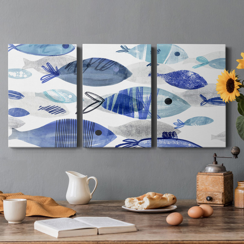 Fish Parade I - Toile tendue avec châssis de qualité supérieure - Prêt à être accroché, H 12 po x l 24 po x P 1,5 po