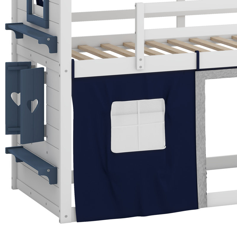 Lit superposé en bois avec fenêtres élégantes, Blanc / Bleu
