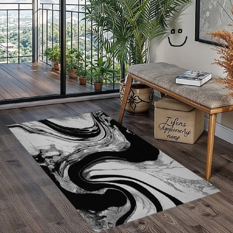 Abstract Flokati Area Rug, Black Grey, Rectangle 60 x 110 cm
