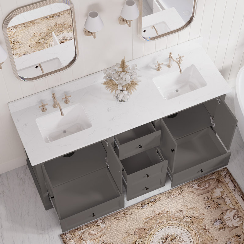 Meuble-lavabo double 72 po avec lavabos sous-comptoir en céramique, armoire en panneau de fibres à densité moyenne, tiroirs à fermeture en douceur et comptoir de style marbre