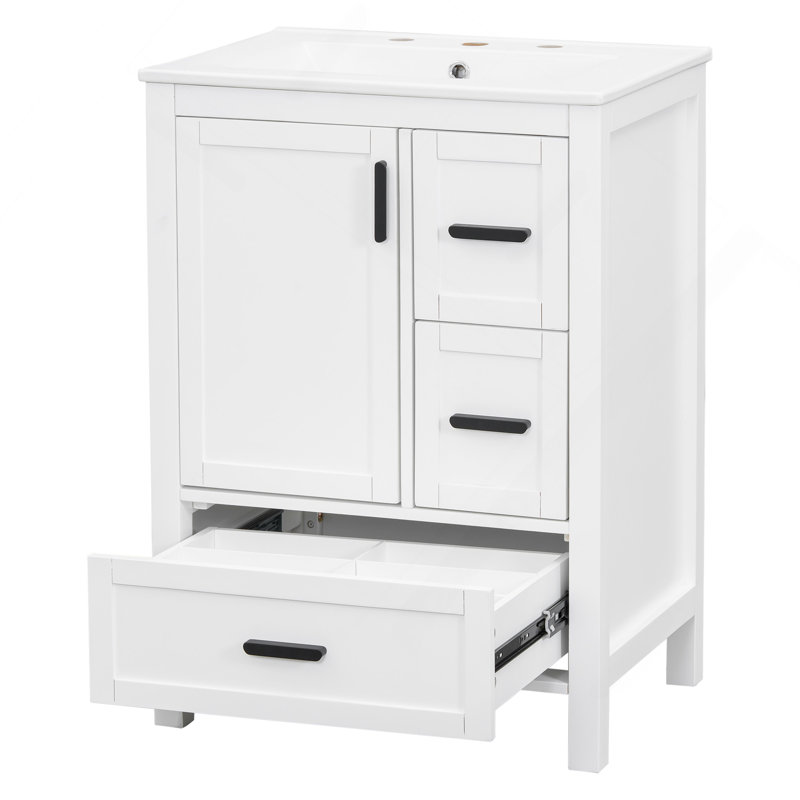 Meuble-lavabo moderne de 24 po avec lavabo en céramique, porte à fermeture en douceur, tablette de porte à double couche et 3 tiroirs