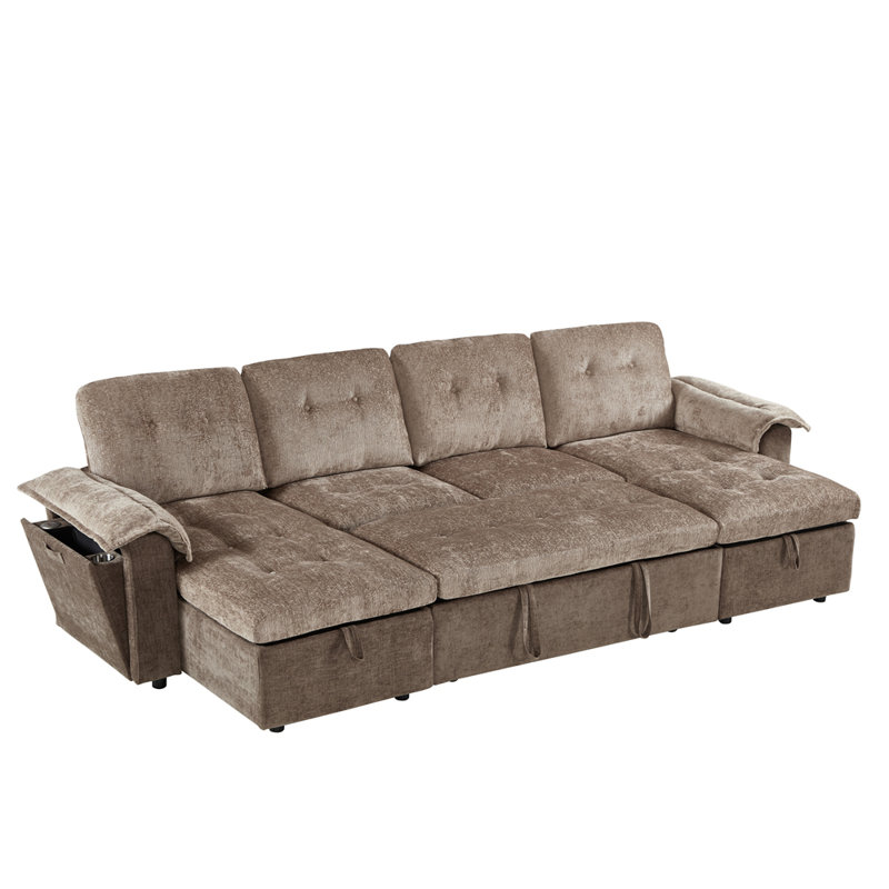 Canapé en U avec ports USB, porte-gobelet et grand espace de rangement, Chenille brun