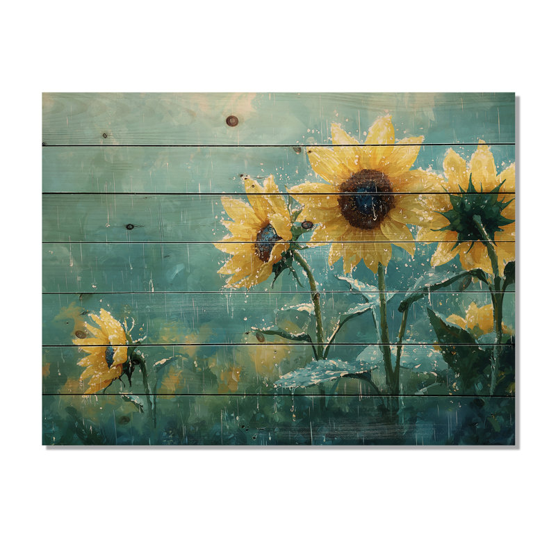 Pluie de tournesols lavés à la pluie II - Décoration murale en bois de tournesols - sur bois de pin naturel