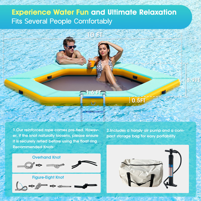 10 FT Hexagonal Floating Ring Inflatable Water Hammock with Soft Ladder, Heavy Duty Lake Raft for Pool and Lake, Inflatable Raft Fits Multiple People for Summer Party, Mint Green+Black
