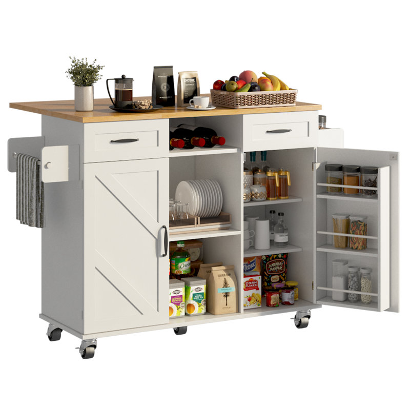 Rolling Kitchen Island With Storage Cabinet & Drawers, Drop Leaf Kitchen Table On Wheels, Farmhouse Portable Kitchen Cart, Large Butcher Block Mobile Islands With Tower/ Spice Rack