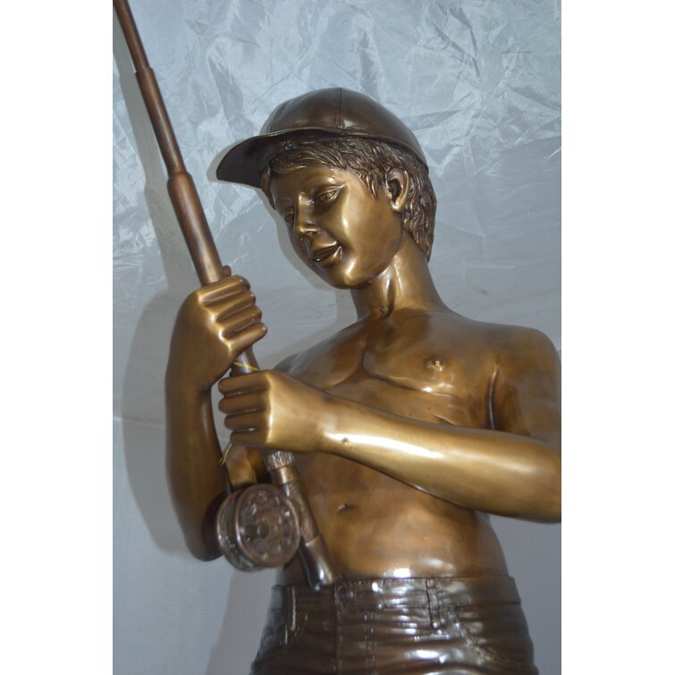 Standing Boy Fishing Fountain Bronze Statue - Size: 58L x 25W x 72H. -  NiFAO