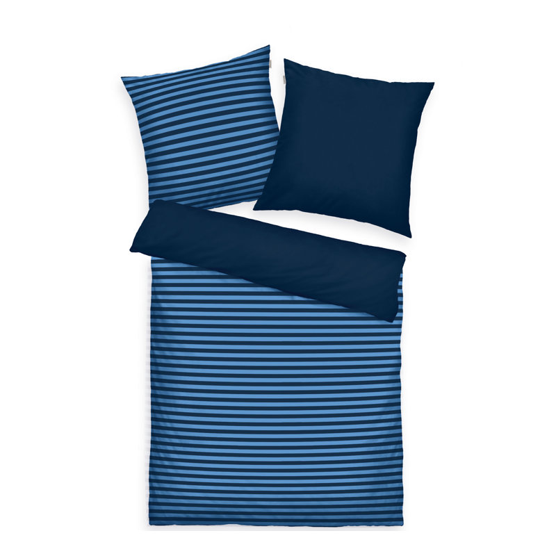 MEDIUM STRIPES Cotton Duvet Cover Set Set, Dark Navy/Cool Blue, 155 x 220 cm + 80 x 80 cm