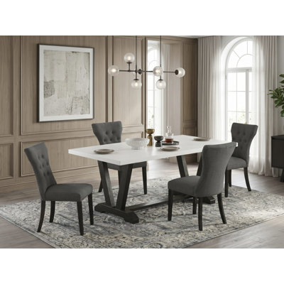 6-Piece kitchen table set-Dahlia Linen Fabric Seat and Button Tufted Chair Back Modern Dining chairs, A Rectangular Bench and Rectangular top Wood Kitchen Table with Wood Legs - Distressed Jacobean and Distressed Jacobean Finish