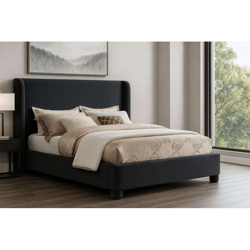 Lit à panneau tapissier Hridhaan, Double, Tissu chenille noir