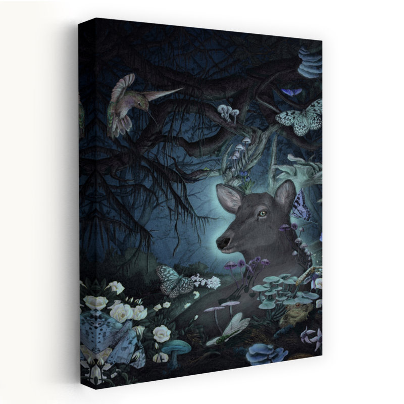 Enchanted Forest Scene Mystical Surreal Abstract Butterfly Deer Moth Forest Nature Wall Art by EC Mazur - Wrapped Canvas Print