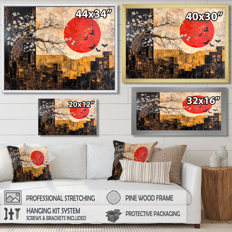 Éternelle soleil de paysage japonais IV - Paysage japonais, art mural, salon, 12" H x 20" W, Noir