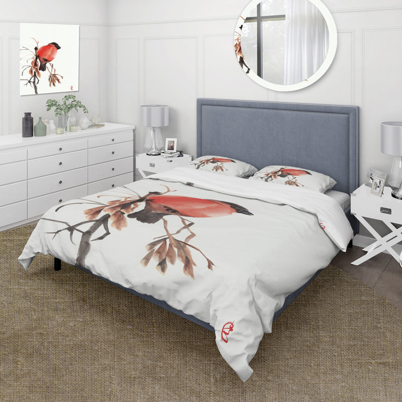 Bouvreuil rouge sur une branche - Ensemble de housse de couette traditionnel - Microfibre de polyester