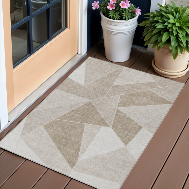 3' X 5' Taupe Brown Geometric Washable Indoor Outdoor Area Rug