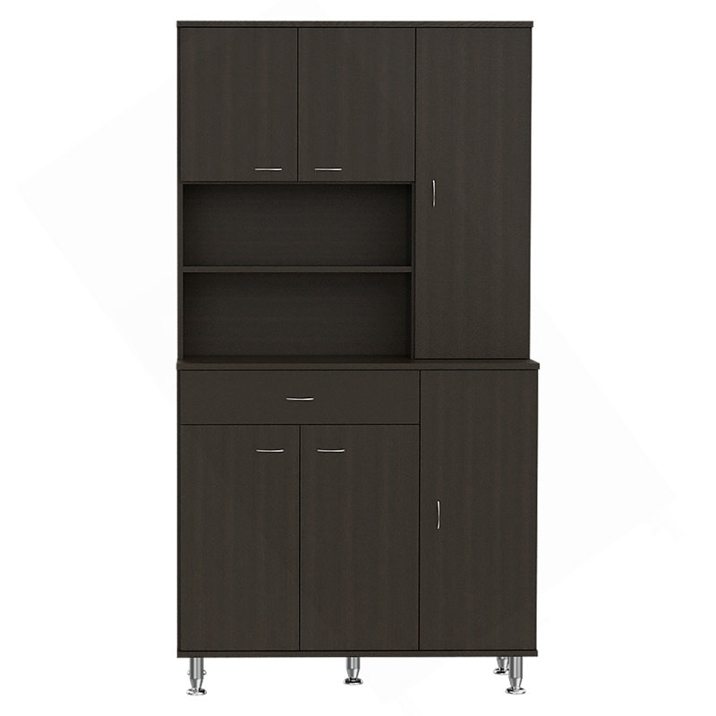 Armoire de cuisine, deux tablettes ouvertes, un tiroir, plusieurs armoires, noir