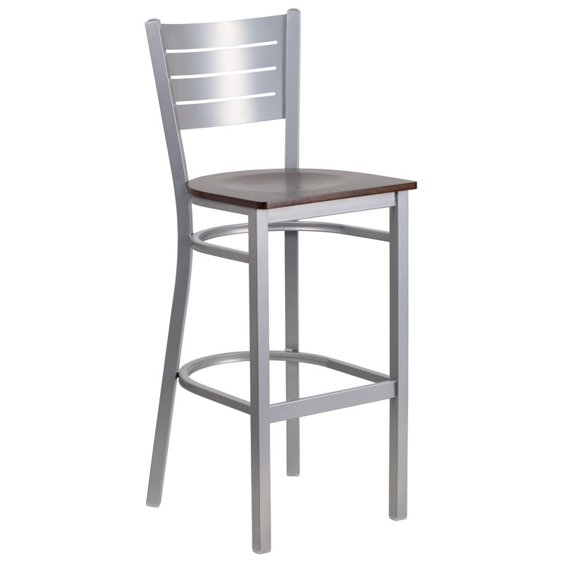 Elkton Slat Back Metal Restaurant Barstool, Walnut, 2