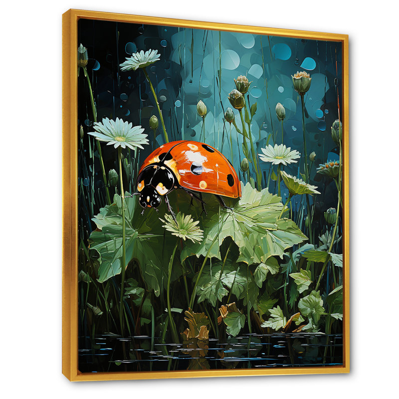 Coccinelle fleurissant jardin émeraude sur toile, Cadre flottant doré, H 32 po x l 16 po x P 1 po