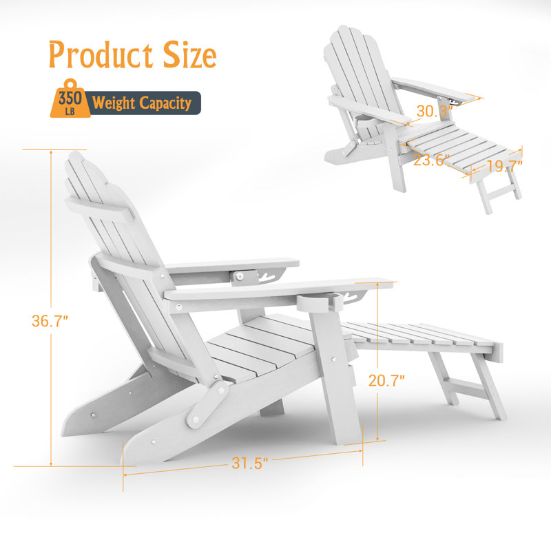 set of 2 HIPS Folding Adirondack Chair Adjustable Chair with Ottoman Fire Pit Patio Chair for Outdoor, White