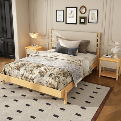 Modern Queen Bed Frame And 2 Nightstands, Beige Wood Platform Bed, Matching Bedside Tables, Construction, Scratch - , Drawer Storage With Headboard, Serene Bedroom Retreat, Complementary Finishes,