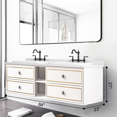 Meuble-lavabo de salle de bain sans comptoir, meuble-lavabo mural flottant avec 4 tiroirs