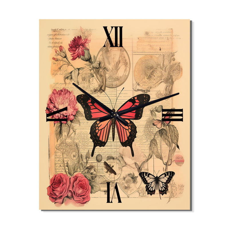 Illustration rétro d'un papillon rose romantique - Horloge murale animaux, Très grand