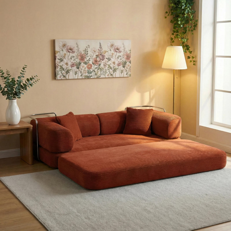 Canapé-lit en velours côtelé pliable à compression pour trois personnes avec éponge à haute densité de rebond, avec 2 coussins, sans assemblage 