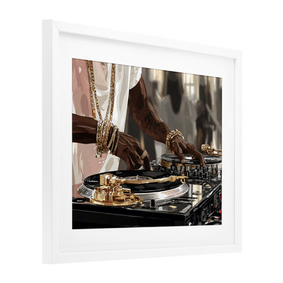 Golden Sound DJ Turntables Framed Print Under Glass, design by Franklyn Gregory