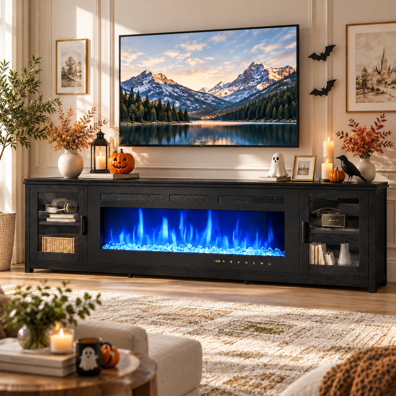 90"TV Stand With Smart Electric Fireplace, Entertainment Center Fits Up to 100" TVs, Wi-Fi Controlled Console with Adjustable Shelves & Glass Doors